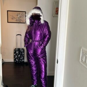 Purple Hooded Snowsuit with Fur Trim